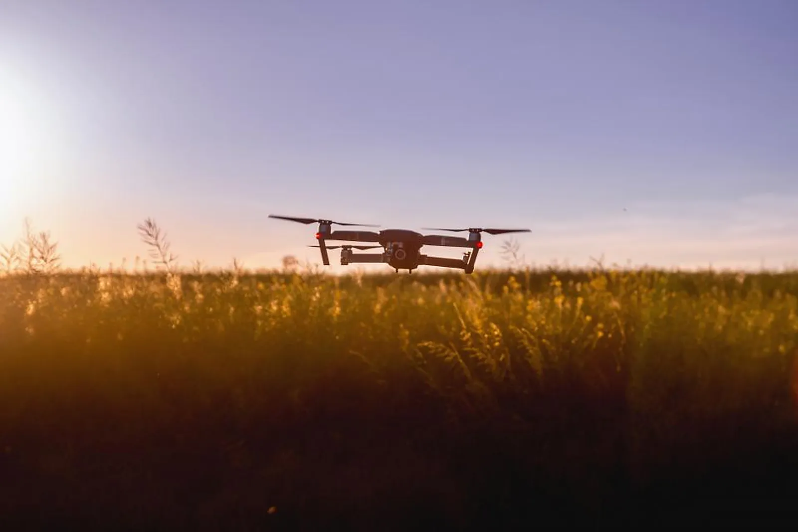 Agricultural drone hovering over a golden crop field at sunset