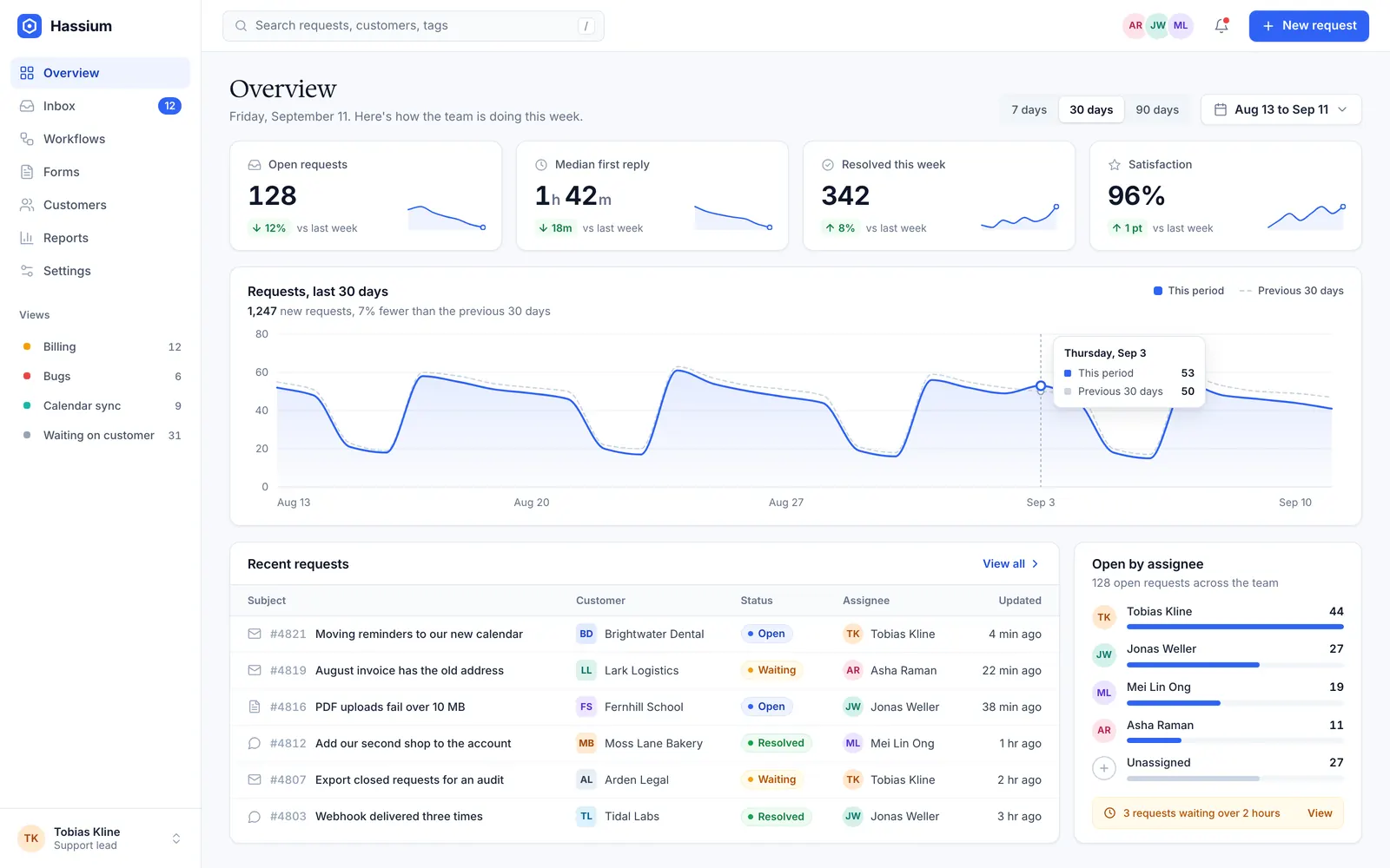 The Hassium overview: four numbers across the top, a chart of requests over thirty days, and a table of recent requests with their status