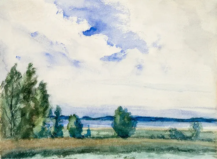A watercolor landscape featuring a clear blue sky with wispy clouds and a few green trees in the foreground.