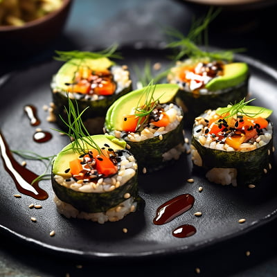 Chef shaping a piece of tuna nigiri on a slate board