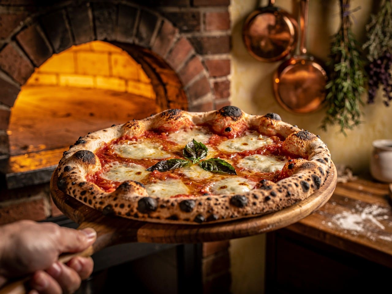 Wood-fired margherita pizza being taken from a brick oven
