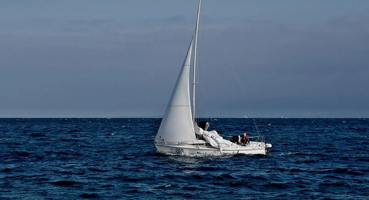 A sailing yacht under full white sail on open water