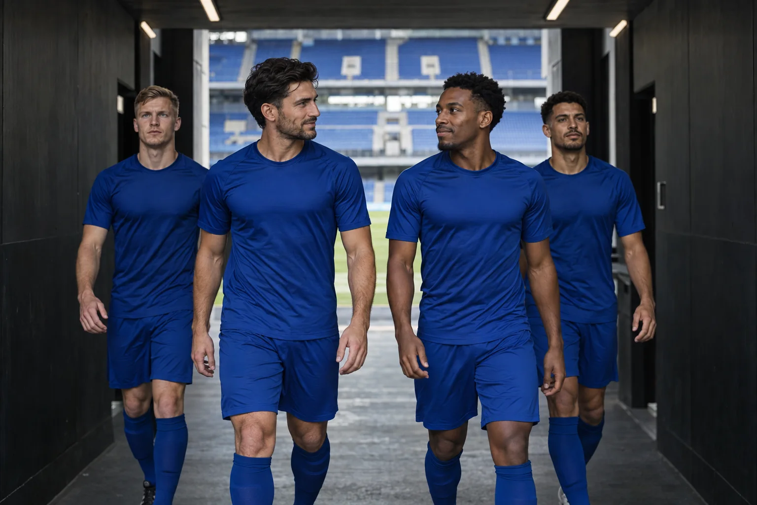 First-team players in blue kit walk together through a modern stadium tunnel.