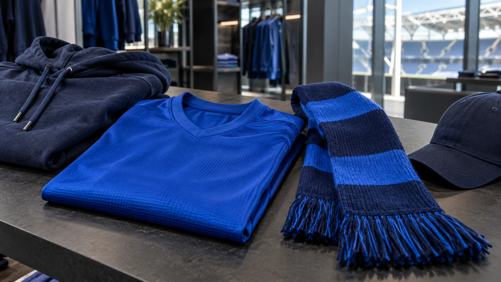 Blue club shirts, scarves and everyday supporter clothing in a stadium shop.
