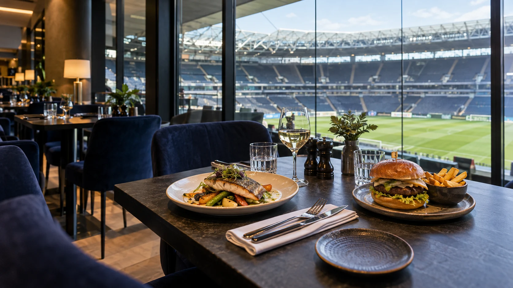 Freshly prepared food in a club restaurant overlooking the stadium.